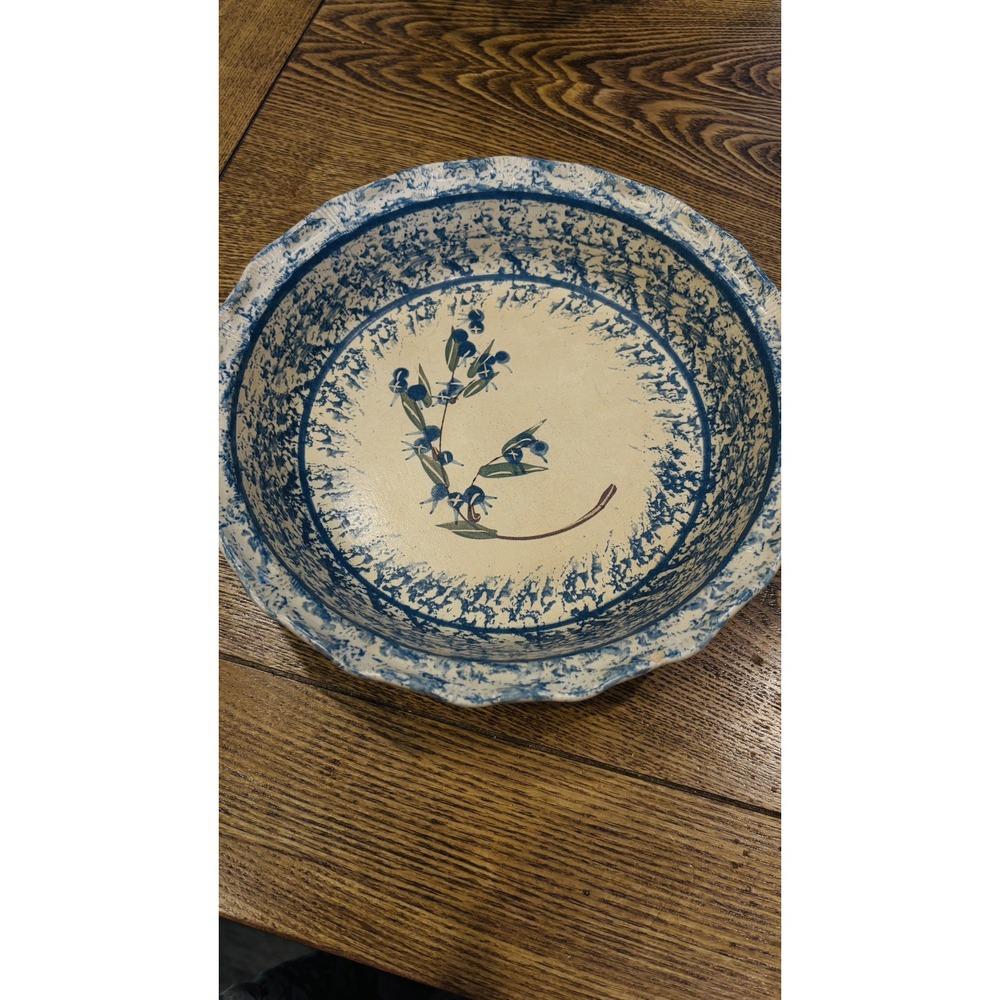Handcrafted Pottery Floral Pie Quiche Baking Dish Signed by Artist Blueberry 10"